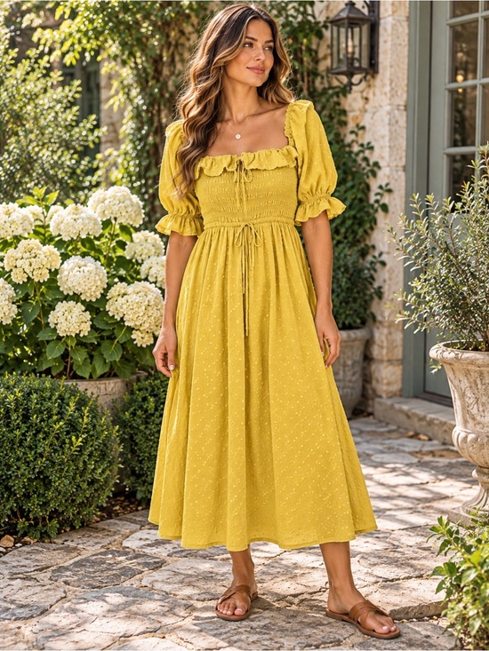 R. Yiposha Dresses & Skirts - R. Yiposha Yellow Chartreuse Swiss Dot Smocked Puff Sleeve Off Shoulder Dress